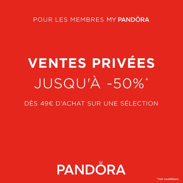 This image ad promotes a private sale for My Pandora members, offering up to 50% off on selected items with a minimum pu