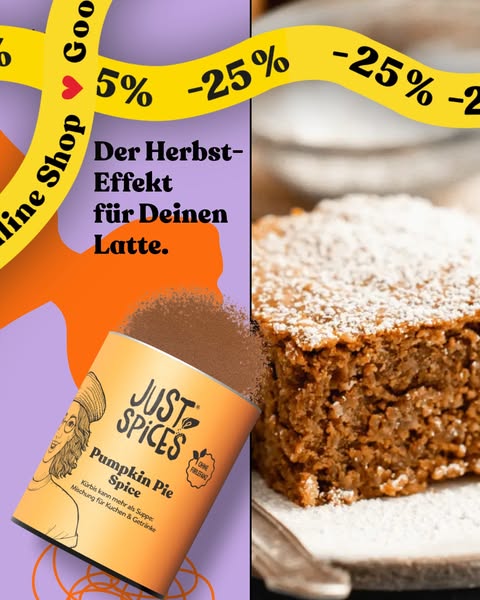 This ad features a can of pumpkin pie spice, the name of the brand is Just Spices, along with a slice of pumpkin pie. It
