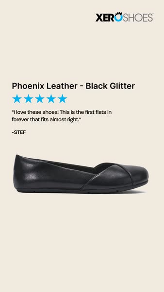 This ad features a product photo of Xero Shoes' Phoenix Leather - Black Glitter flats, accompanied by a customer tes