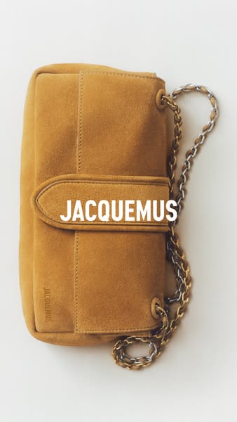 This image ad showcases a light brown suede Jacquemus purse against an off-white background. The brand name is displayed
