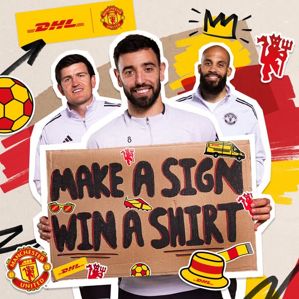 An image ad featuring three Manchester United players holding a sign that says "Make a Sign Win a Shirt" to pr