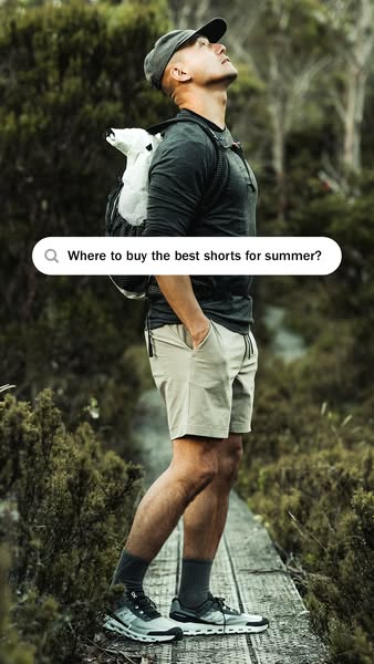 This ad features a man wearing shorts while hiking. The ad is designed to grab the viewer's attention by using a sea