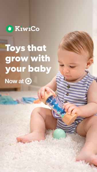 This ad from KiwiCo shows an infant interacting with their sensory bottle toy, and directs consumers to purchase at Targ