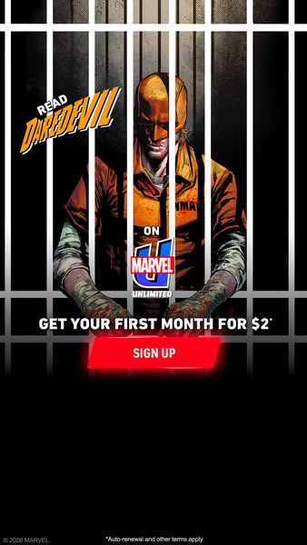 This ad for Marvel Unlimited is promoting a subscription service to read Daredevil comics. New users can try the service