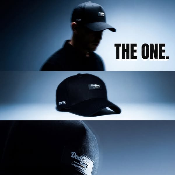 This ad features three close-up shots of the DadGang baseball cap. The text used is "THE ONE."