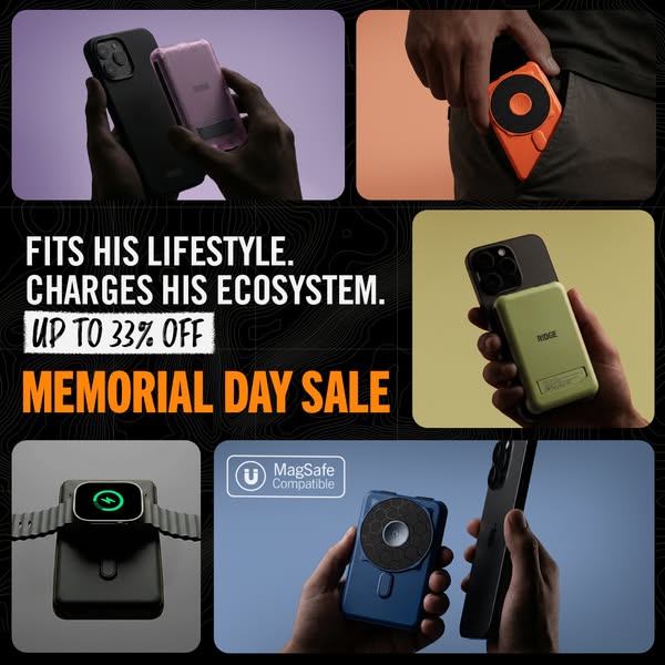 The ad is promoting a Memorial Day sale for wireless charging accessories, showing phones and watches being charged by R