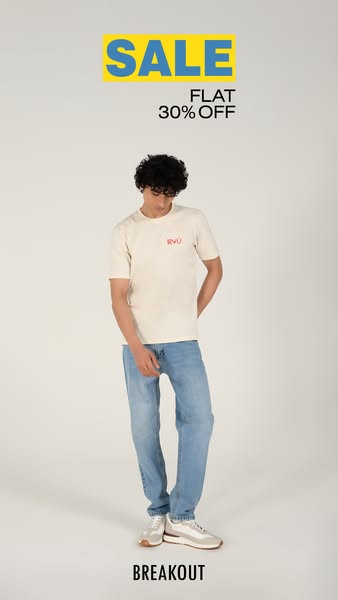 This is a static image ad for Breakout, a clothing brand. The ad features a male model wearing a cream-colored t-shirt a