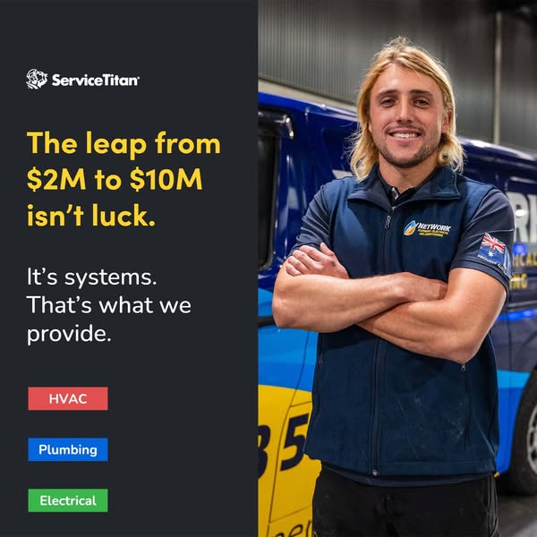 This image ad for ServiceTitan features a smiling man in front of a company van. The ad highlights the potential for bus