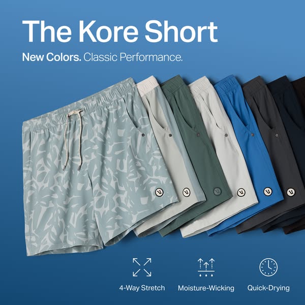 The ad showcases the Kore Short, highlighting its new colors and classic performance. It features a row of the shorts in