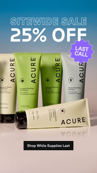 This image ad promotes Acure hair products during a sitewide sale. The ad features an offer of 25% off, with a call to a