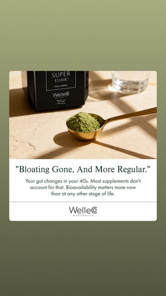 This image ad features a testimonial about the WelleCo SUPER ELIXIR™, highlighting its benefits for gut health, specific