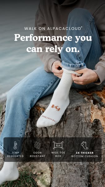 This ad promotes Alpaca Cloud socks, highlighting their performance and comfort. It features an individual wearing the s