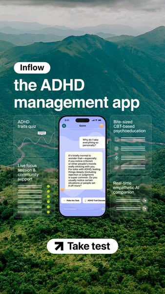 This ad for Inflow, the ADHD management app, uses a background image of a mountain range to promote the app's featur