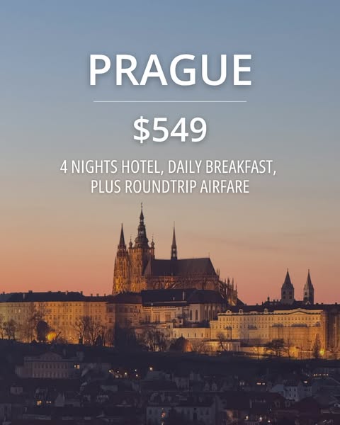 This image ad promotes a travel package to Prague, featuring a scenic view of the city and details on the offer.