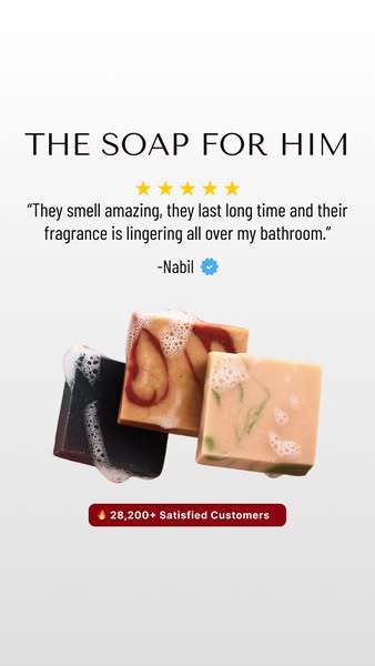 This ad showcases a high-quality soap tailored for men, highlighting its luxurious scent and long-lasting fragrance. It 