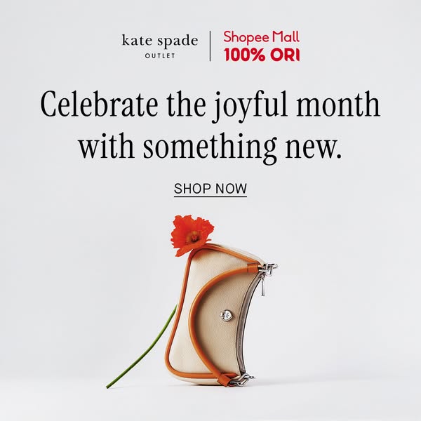 This image ad promotes Kate Spade Outlet in partnership with Shopee Mall. It features a handbag accompanied by a flower 
