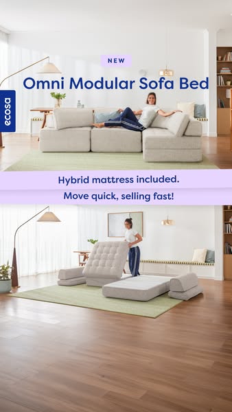 This ad demonstrates the Ecosa Omni Modular Sofa Bed, showing it as a modern sofa and as a hybrid mattress. The ad uses 