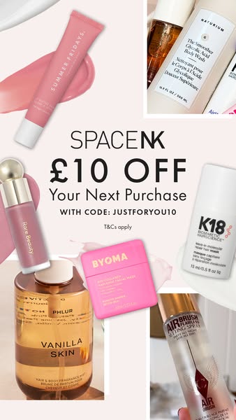 This is an image ad for Space NK offering £10 off the next purchase with a promo code. It features various beauty produc
