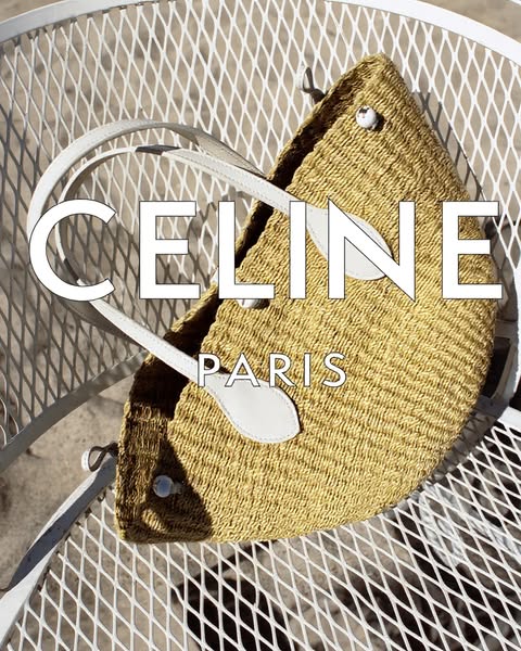 This ad features a straw-colored Celine brand bag on a white metal chair. The brand logo is superimposed on the image.