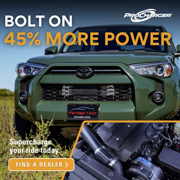 This image ad promotes ProCharger, emphasizing a 45% power increase for vehicles. It features an image of a green SUV to