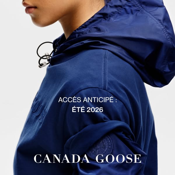 This image ad for Canada Goose features a close-up of a person wearing a blue jacket from the brand's summer 2026 co