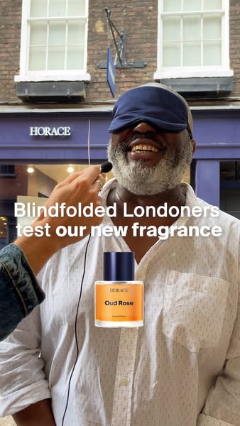 This image ad features a blind taste test of a new fragrance from Horace. A man wearing a blindfold is being interviewed