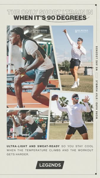 This ad promotes Legends brand athletic shorts for training in hot weather. The creative features two athletes in differ