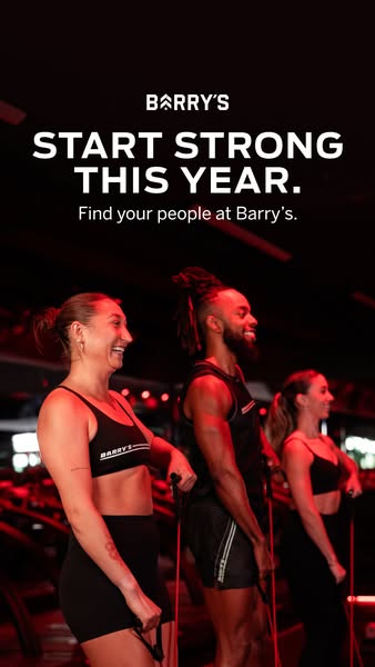 This image ad for Barry's promotes starting the year strong by finding your people at Barry's. It features three
