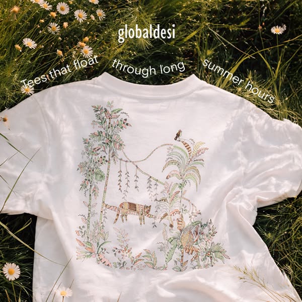 This ad features a printed t-shirt from Global Desi, highlighting its unique design and association with summer leisure.
