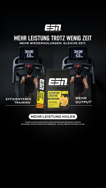 This ad is promoting ESN's ultrapure creatine to help people work out more efficiently and get more output in less t