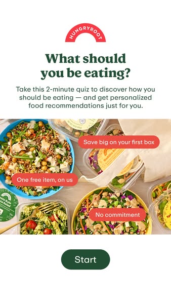 The ad prompts the viewer to take a two-minute quiz for personalized food recommendations from Hungryroot. The ad featur