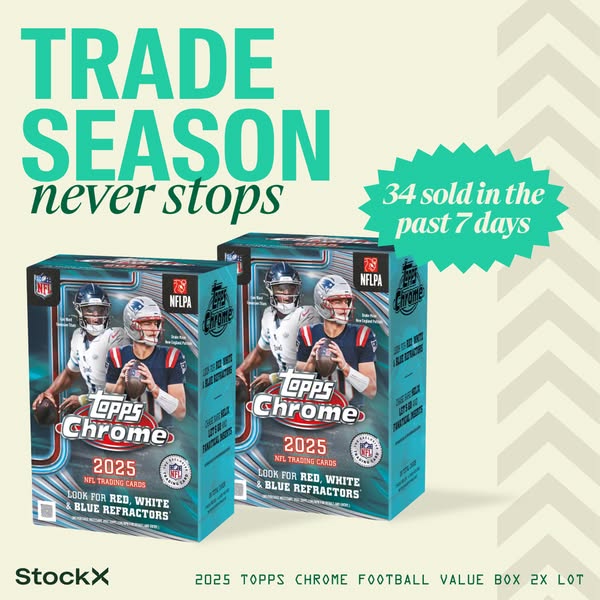 An advertisement for 2025 Topps Chrome Football Value Box 2X Lot trading cards from StockX. It emphasizes that it's 