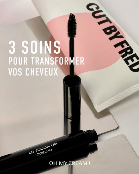 This ad showcases three hair transformation products from Cut By Fred, highlighting the brand's touch-up wand.