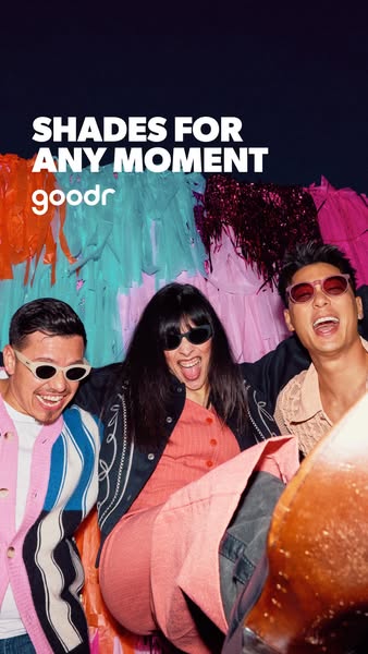 This image ad for Goodr sunglasses features three smiling people wearing different styles of the brand's sunglasses.