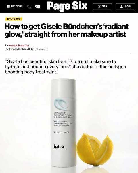 This image ad showcases iota’s SUPERCLOUD Glow Body Serum and features a quote from Gisele Bündchen’s makeup artist abou