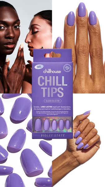 This ad for Chillhouse Chill Tips promotes their Violet State nail art manicures. The ad features two models, the produc
