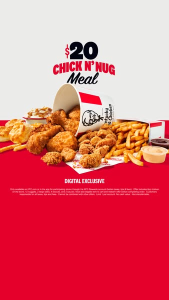 This ad promotes KFC's Chick N' Nug Meal for $20. It's a digital exclusive meal that can be purchased online