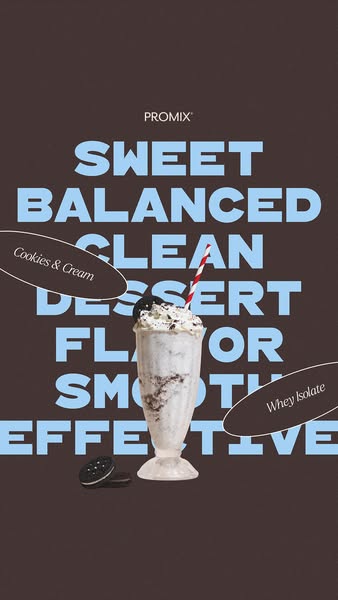 This image ad for Promix protein powder features a milkshake made with their cookies and cream whey isolate, highlightin