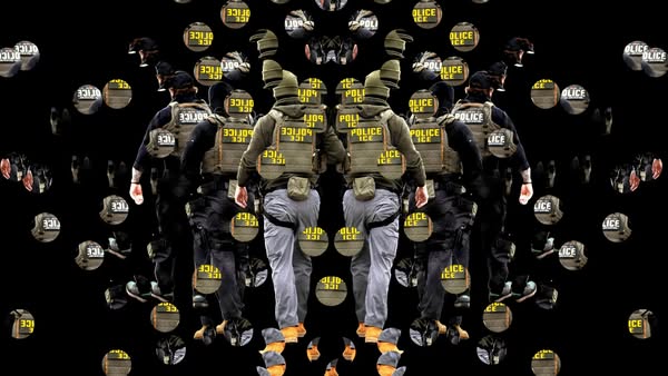 The image shows the backs of two men in clothing with 'Police' and 'ICE' printed on the back with a repe