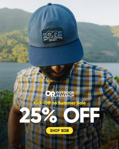 This image ad promotes Outdoor Research brand apparel with a 25% off sale. The ad features a person wearing an Outdoor R