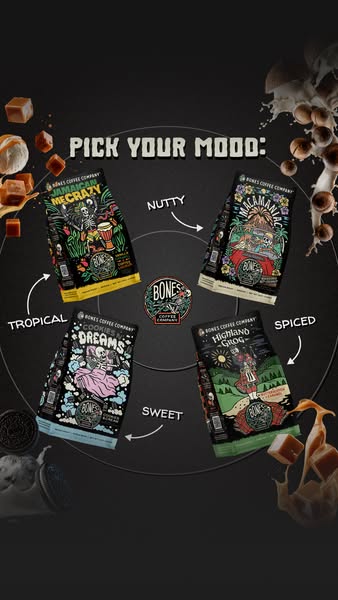 The ad features a circular arrangement of Bones Coffee Company's various coffee flavors, encouraging viewers to sele