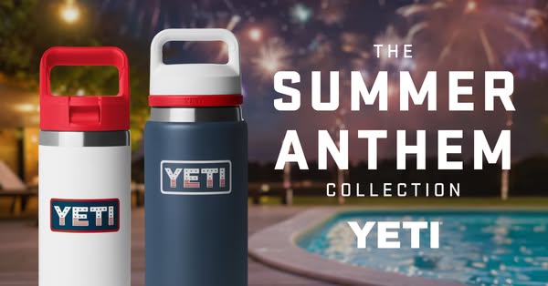 This ad for YETI promotes the brand's Summer Anthem Collection, featuring two water bottles against a summery backdr