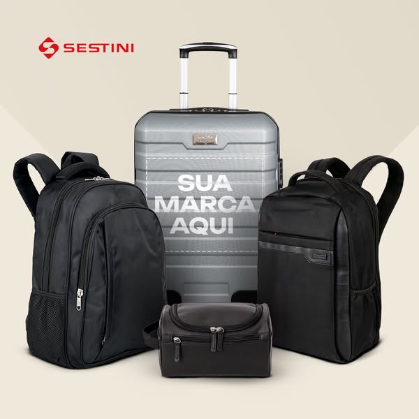 The ad features a suitcase, two backpacks, and a toiletries bag from Sestini, presenting them as a cohesive travel set. 