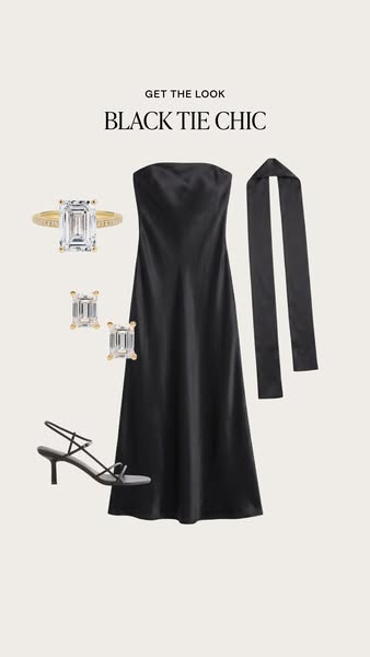 This ad showcases a selection of clothing and accessories, all styled to achieve a 'black tie chic' look.
