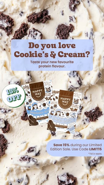 An image ad for Happy Way protein powder in the cookies and cream flavor. The ad features an overhead shot of a cookies 
