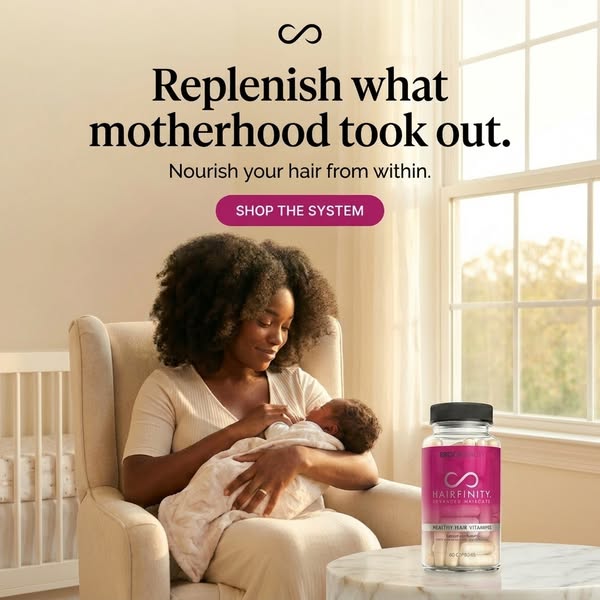 A photo of a mom holding her baby advertises Hairfinity vitamins. The ad copy headline references the hair changes mothe