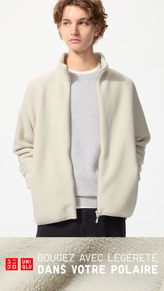 This ad features a person wearing a fleece jacket from Uniqlo. The ad highlights the jacket's comfort and versatilit