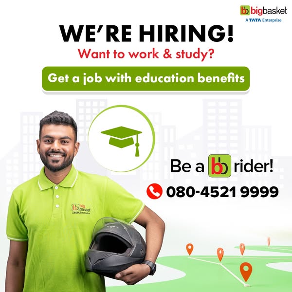 This image ad is for BigBasket, a TATA Enterprise, and it is a job posting ad. The ad is looking for riders and is offer