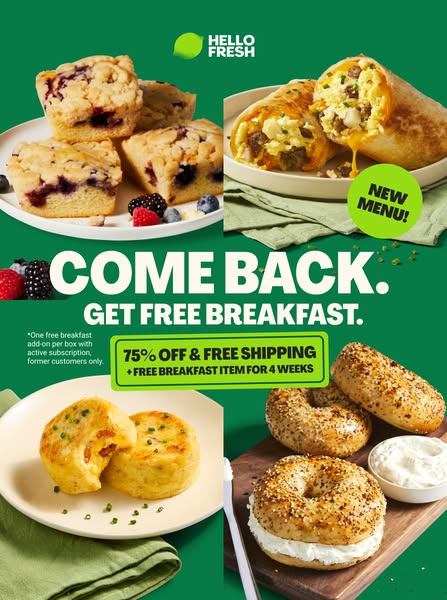 This ad is for Hello Fresh, encouraging former customers to come back with an offer of 75% off and free shipping, plus a