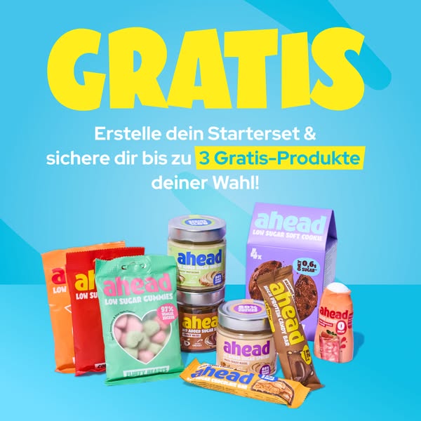 Image ad promoting Ahead low sugar snacks, offering viewers up to 3 free products when creating a starter set.